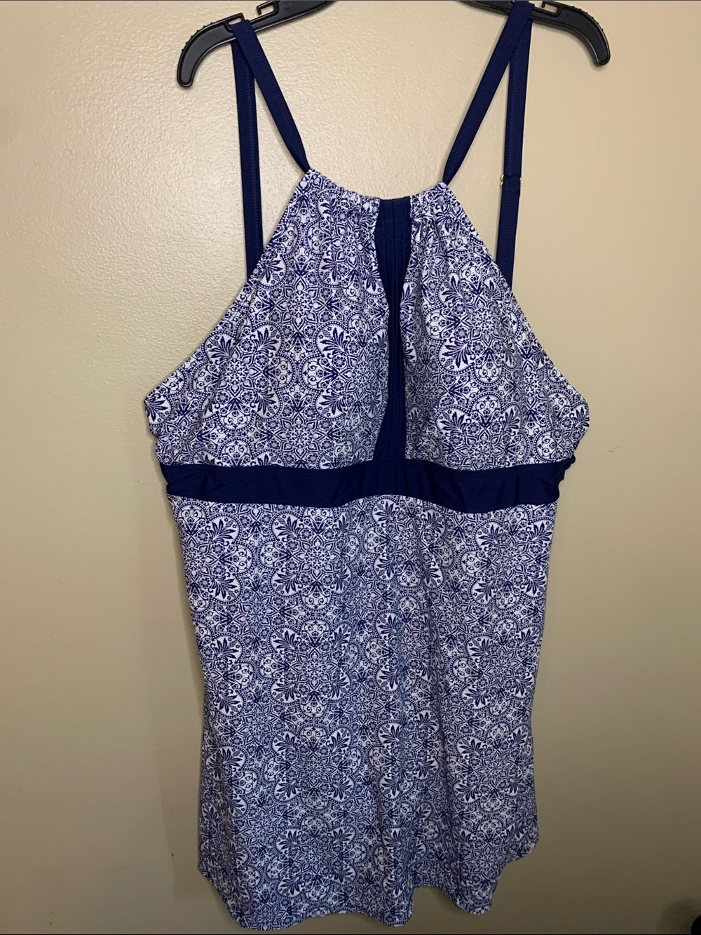 Caribbean Navy and White Printed Halter Swim Dress